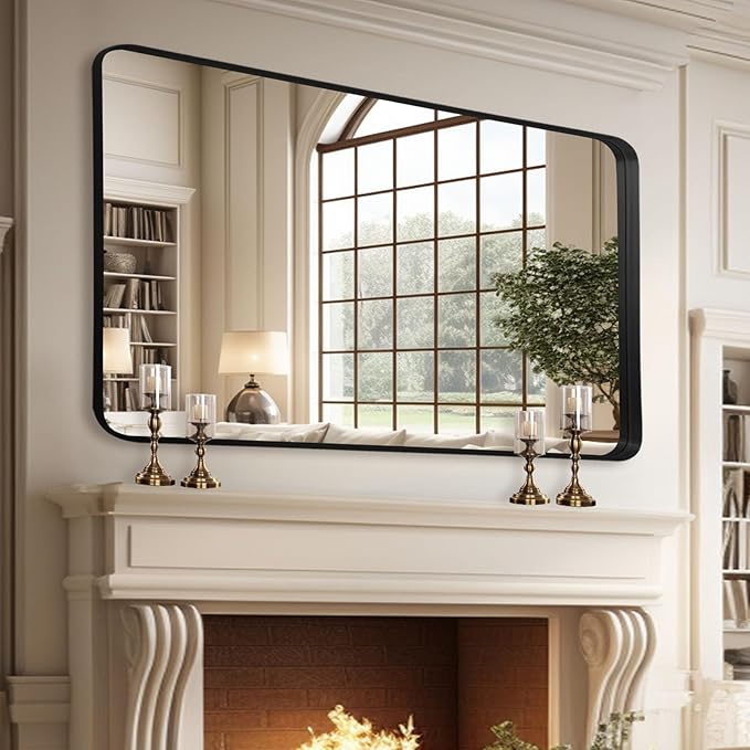 Wall Mirror 30" x 48" for Bathroom Black Metal Deep Frame Mirror for Wall Decorative Rectangular Round Corner Wall Mounted Vanity Mirror for Bedroom Living Room Entryway Wall Decor