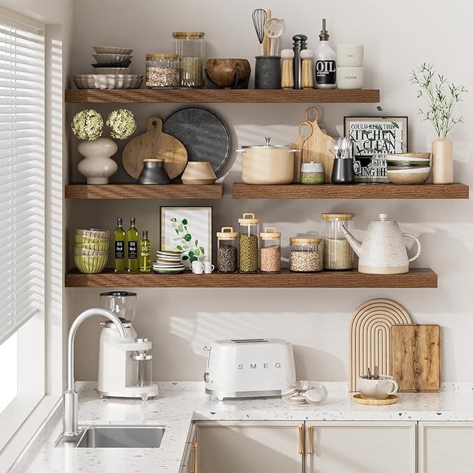 Heimlove 12" Deep Walnut Floating Shelves for Wall, 24 Inch Shelf Bathroom Shelves Set of 2, Mounted Shelves for Books Living Room Laundry Room Bedroom Kitchen Home Office