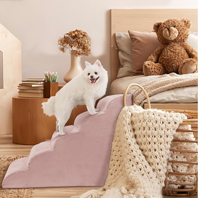 5 Steps Dog Stairs for Bed, 24" Dog Steps for High Bed, High Density Pet Steps for Small Dogs, Extra Wide Non-Slip Dogs Ramp for Injured, Older Pets, Small Cats, Pink