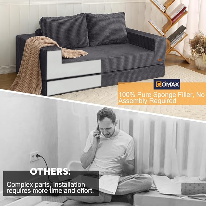 COMAX Convertible Sofa Bed Queen, Corduroy Folding Floor Couch Pull Out Couch Bed Futon Sleeper with Pillows, Fold Out Boneless Sofa Comfy Lounge Mattress Loveseat for Living Room Bedroom, Grey