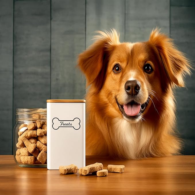 Weysat Dog Treat Container Set for Countertop Includes 3 Metal Treat Jars, 1 Food Storage Tray with Sticker and Pen Farmhouse Pet Food Storage Organizer Gift for Pet Dog Owners