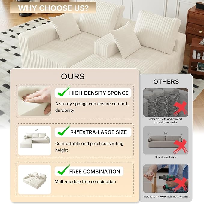 94" Cloud Sectional Couch with L-Shape Chaise,4 Seat Modern Modular Sofa with Side Pockets,Upholstered Couches for Living Room Bedroom, Boneless Couch,No Assembly Required