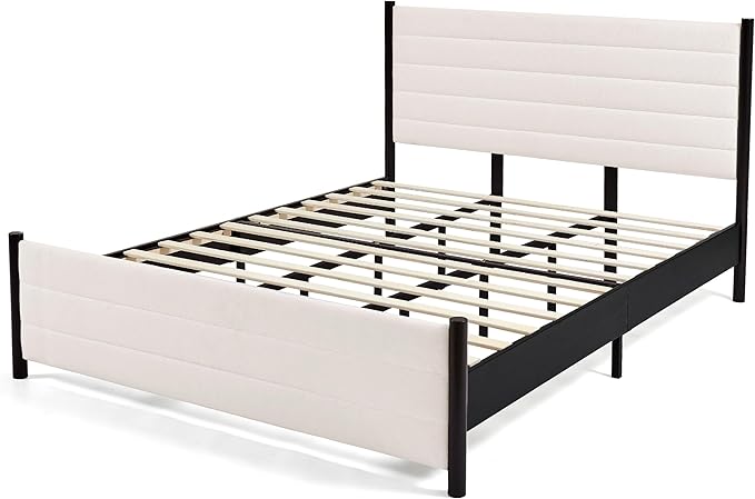 Hokway Bed Frame Upholstered Platform Bed with Headboard Wooden Slat Support No Box Spring Needed(King, Beige)