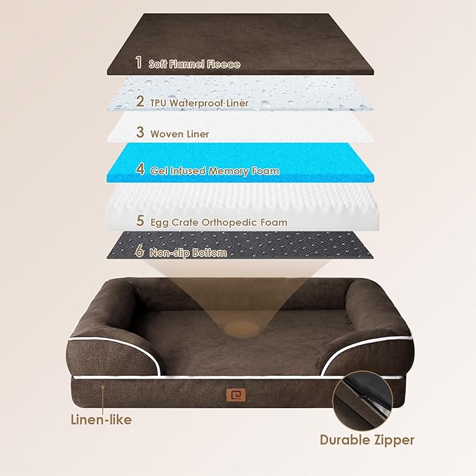 EHEYCIGA Orthopedic Dog Beds for Extra Large Dogs, Waterproof Memory Foam XL Dog Bed with Sides, Non-Slip Bottom and Egg-Crate Foam Big Pet Couch Bed with Washable Removable Cover, Brown