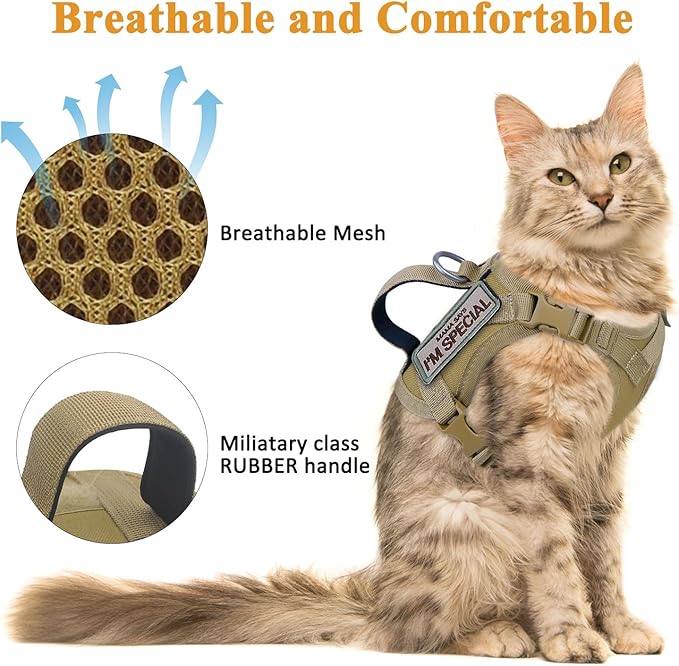 Tactical Cat Harness for Walking Escape Proof, Soft Mesh Adjustable Pet Vest Harness for Large Cat, Small Dog and Khaki…