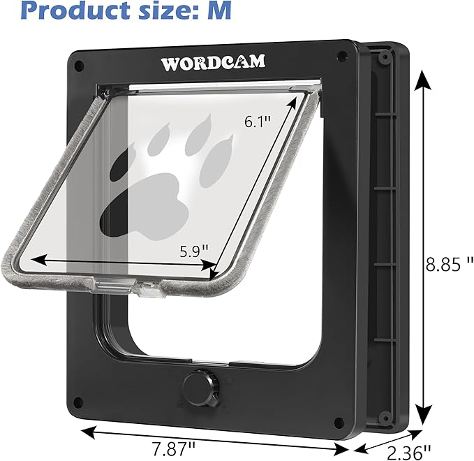 Wordcam Medium Cat Door Flap, 4 Way Locking Cat Door for Interior Exterior Doors, Pet Door for Cats Kitty Kittens Doggies, Robust, Weather-Resistant (Black, M)