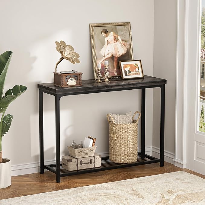 32" Small Console Table, 2-Tier Narrow Entryway Table, Sofa Table with Mesh Shelves, Console Tables for Living Room, Hallway, Entryway, Farmhouse Console Table with Storage, Oak Grey