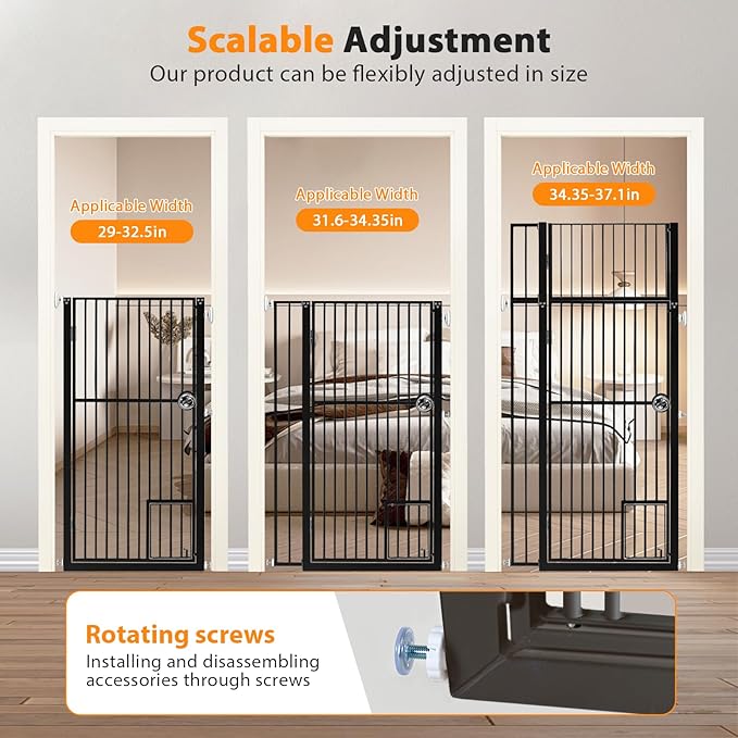 71" Extra Tall Pet Gate with Cat Door, 29-37.5" Extra Wide Full Door Cat Gate for Doorway, No Drill Pressure Mounted Gate for Cats, Pet Barrier Indoor, No Jumping Over for Stairs Hallway, Black