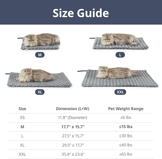 Adjustable Temperature Heated Cat Bed & Dog Heating Pad with Timer, Chew-Resistant Cord, Thick and Soft Cover, Indoor Pet Heating Pad, 17.7" x 15.7"