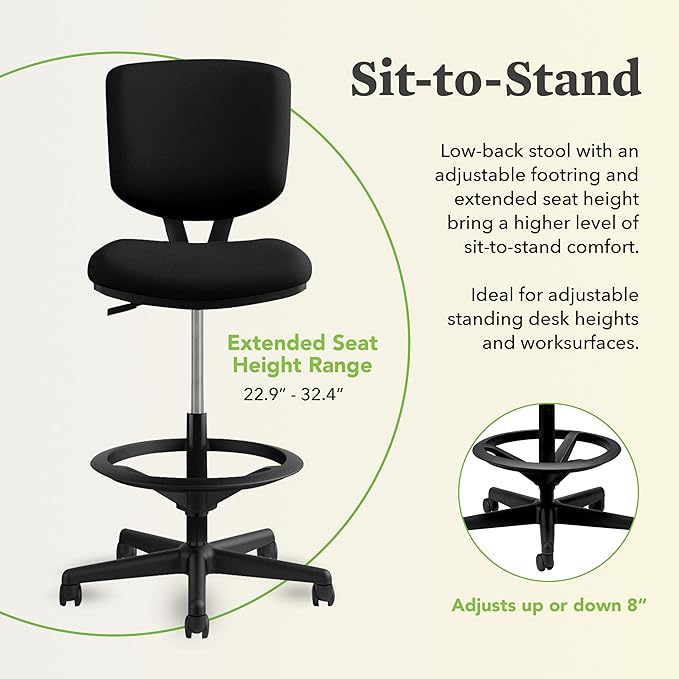HON Volt Standing Desk Chair, Leather Office Chair with Foot Rest, Armless Drafting Stool, Ergonomic Recline and Center Tilt, for Computers, Offices, Work, Black