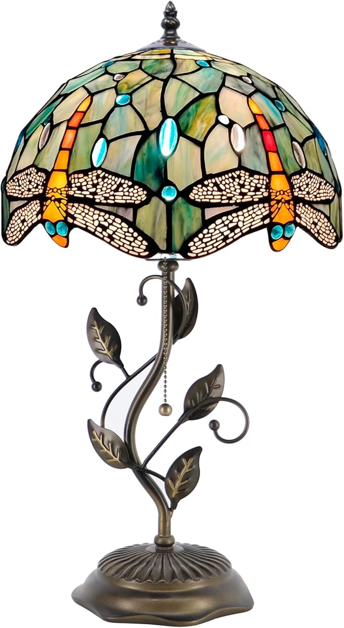 Tiffany Table Lamp, Stained Glass Style Desk Lamp, 12X12X19 Inch,Bedside Reading Light, Metal Leaf Base (Brown Dragonfly Style)
