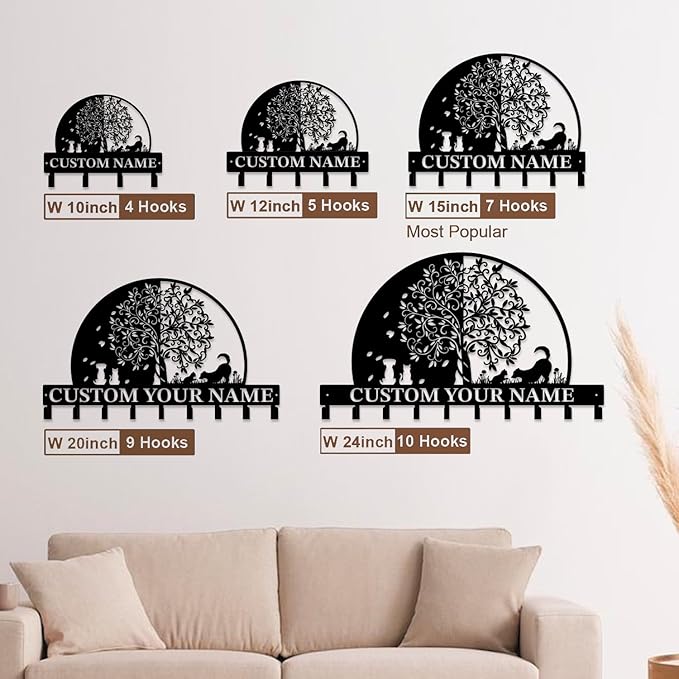 Life Tree Key Hook - Customized Metal Wall Organizer with Name Engraving, Black Iron Home Decor for Themed Collectors (Style B)