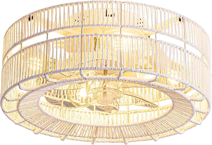 Boho Caged Ceiling Fans with Lights Flush Mount,Layered Rattan Ceiling Fan with Light Remote Control,White Farmhouse Low Profile 6 Speeds Ceiling Fan for Bedroom,Living Room,Kitchen,Dining Room