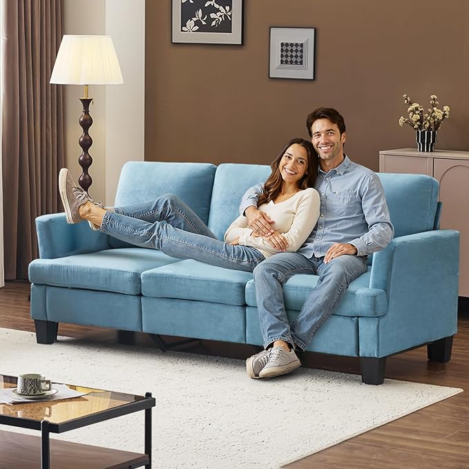 VINGLI Blue 83" Sofa Couches for Living Room, Modern Comfy 3 Seater Couch Faux Suede 25.6" Deep Seat Upholstery Cozy Sofas for Small Space, Bedroom, Apartment, Home Office