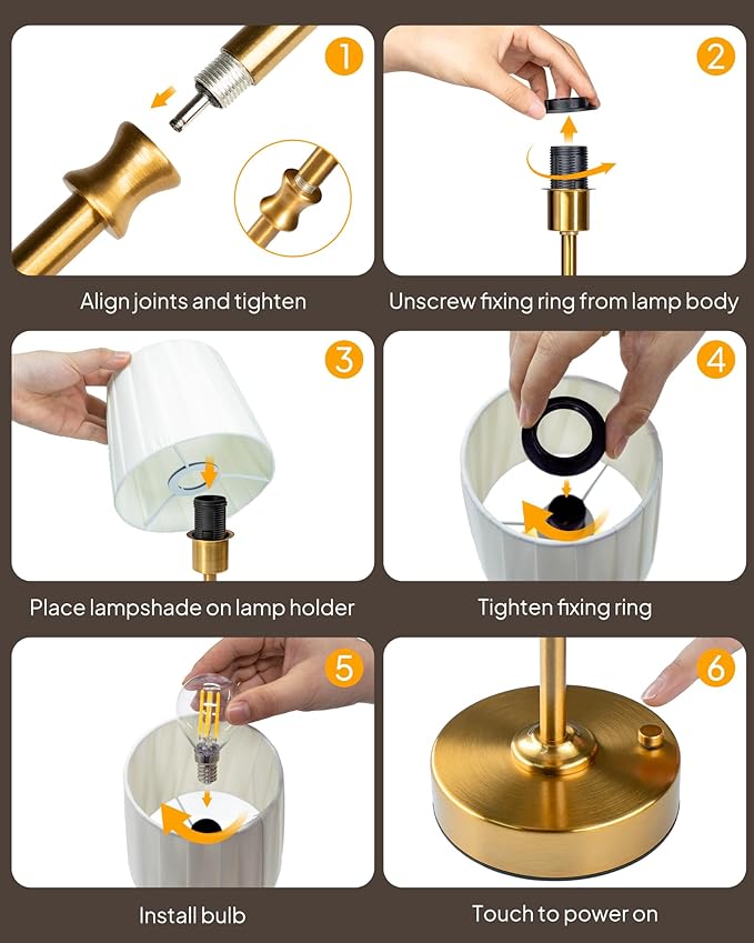 EppieBasic Cordless Table Lamp Rechargeable: Fast Charging & Long Lasting - 2700K Warm Light Vintage Gold Lamps - Dinning Living Room Bedroom - Pleated Shade