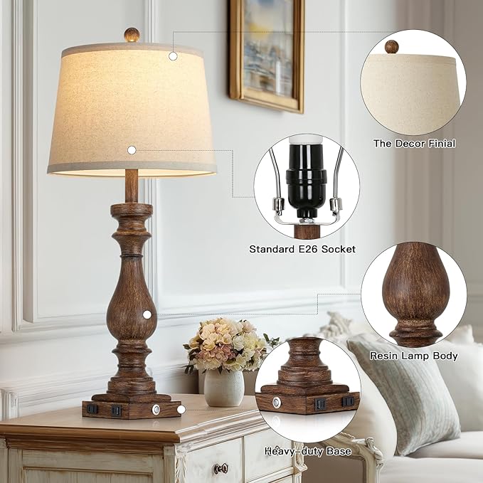 29" Tall Vintage Table Lamps Set of 2,Farmhouse Bedside Lamps with USB C+A Ports & AC Outlet,3-Way Dimmable Touch Lamp for Night Stands Living Room Bedroom,Brown