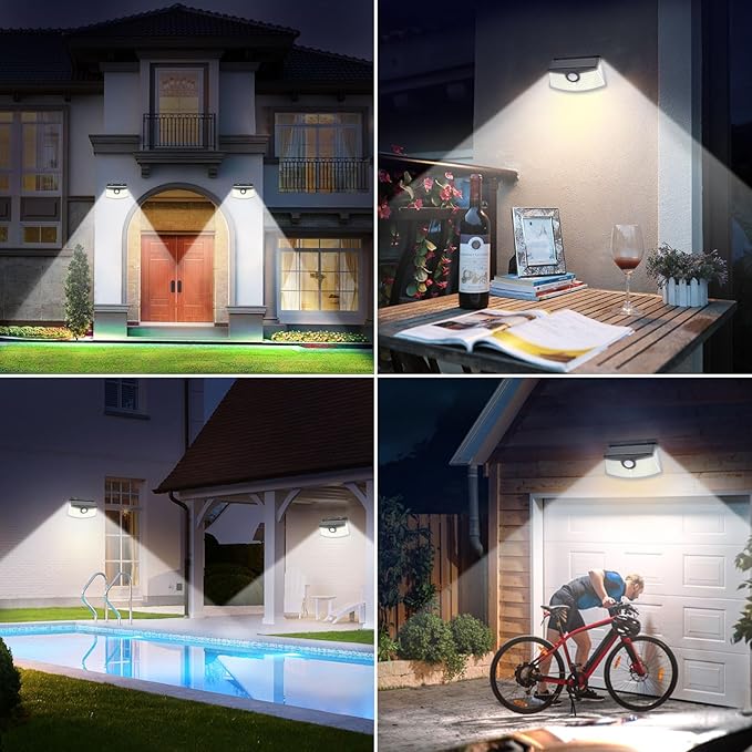 Aootek New Solar Motion Sensor Lights 120 LEDs with Lights Reflector,270° Wide Angle, IP65 Waterproof, Step Lights for Front Door, Yard, Garage, Deck (Black, Daylight White, 4-Pack)