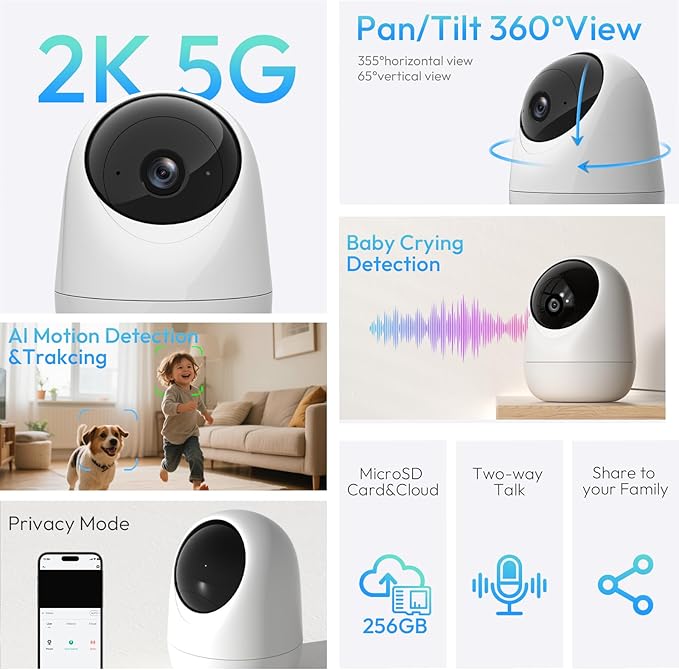 Rraycom Indoor Camera 5G&2.4G WiFi,2K Security Cameras for Home Security,360°Pan & Tilt, Dog/Pet Baby Camera with Motion Tracking& Sound Detection, 2-Way Audio, Night Vision,Siren,Works w/Alexa