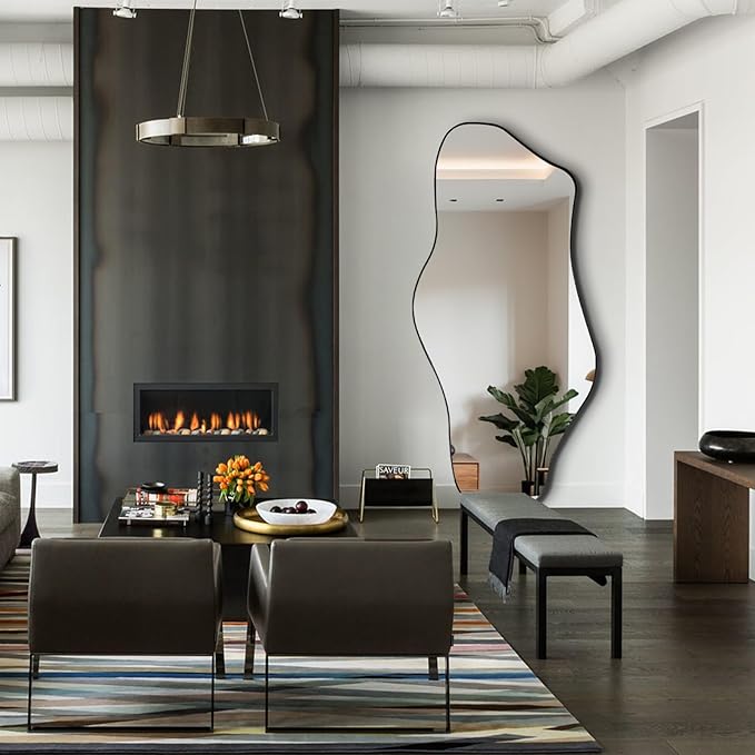 Irregular Mirror Full Length, 63"x29" Large Asymmetrical Wall Mirror for Dressing, Modern Black Metal Frame Abstract Wall Mirrors for Living Room Bathroom Bedroom Hallway Entryway