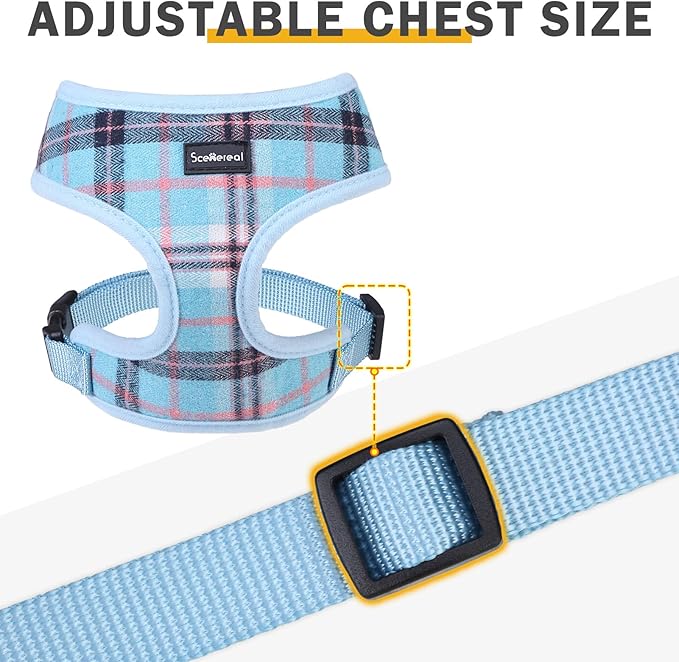 SCENEREAL Puppy Dog Harness with Leash Set for Small Medium Sized Dogs, Soft Mesh Step in Pet Harnesses and Leash, No Chock Plaid Adjustible No Pull Vest for Dogs Cats, Chihuahua,Bulldog (Blue S)