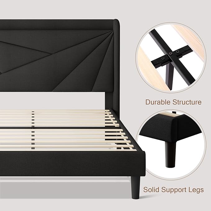 Queen Size Upholstered Bed Frame with Charging Station, Platform Bed Frame with Storage Headboard, Solid Wood Slats Support, No Box Spring Needed, Black