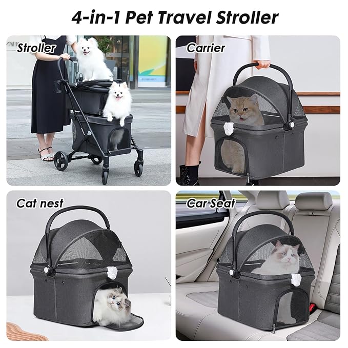 T1 Double Pet Stroller for 2 Small Dogs or Cats Lightweight Foldable Double Cat Stroller with Detachable Carrier (Black)