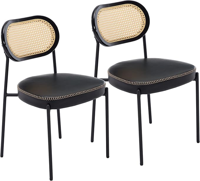Rattan Dining Chairs Set of 2, Black Leather Upholstered Dining Chairs with Rattan Cane Back, Mid Century Modern Dining Room Chairs with Black Metal Legs & D-Shaped Thicken Cushion