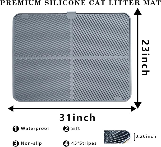 Silicone Cat Litter Mat,Extra Large Litter Trapping Mat,Waterproof Litter Box Mat for Floor,Easy Clean,Non-Slip Litter Catcher Mat,Cat Supplies Needs (Grey, 31x23x0.26 in)
