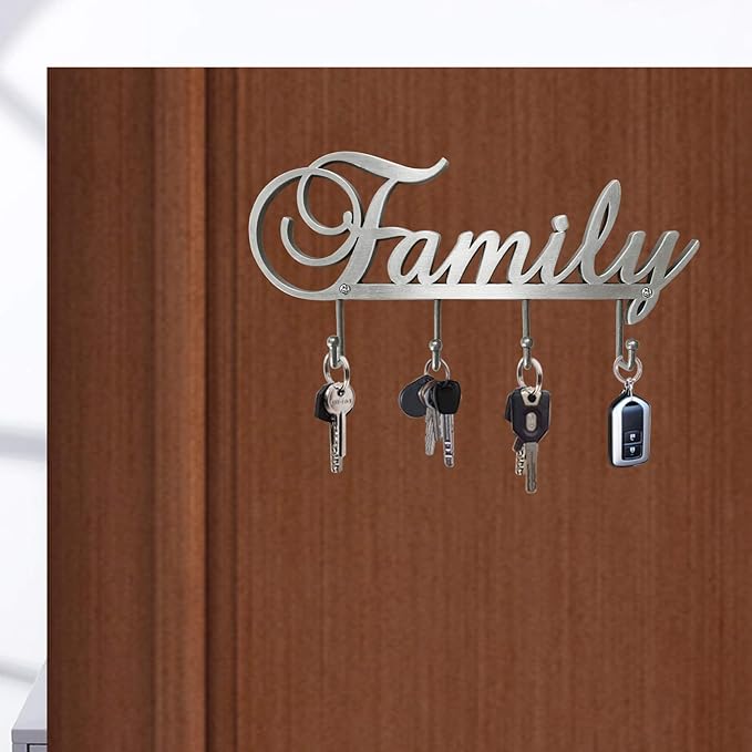 Myartte Key Holder- Key Hooks Decorative for Wall Decorative Zinc Alloy Key Organizer Rack with 4 Hooks -with Screws (Antique Sliver Family)