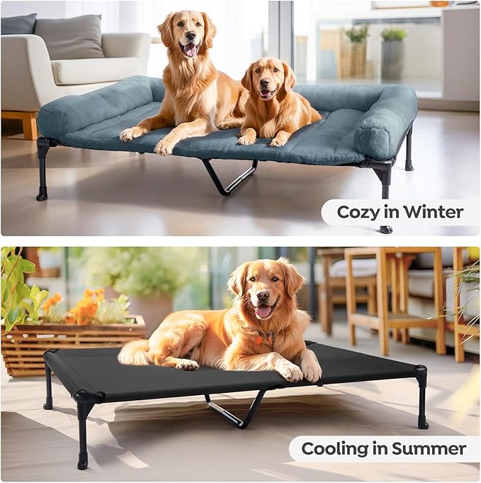 Veehoo Cooling Elevated Dog Bed with Fluffy Plush Bolster Cushion, Indoor Raised Dog Beds for Large Dogs, Soft Pet Sofa Cot with Removable Washable Mat, No-Slip Feet, 59 x 37 inches, Haze Blue