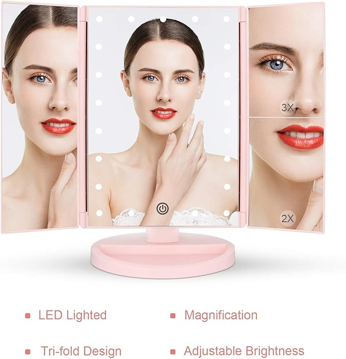 deweisn Tabletop Mount Tri-Fold Lighted Vanity Mirror with 21 LED Lights, Touch Screen and 3X/2X/1X Magnification, Two Power Supply Modes Make Up Mirror,Travel Mirror
