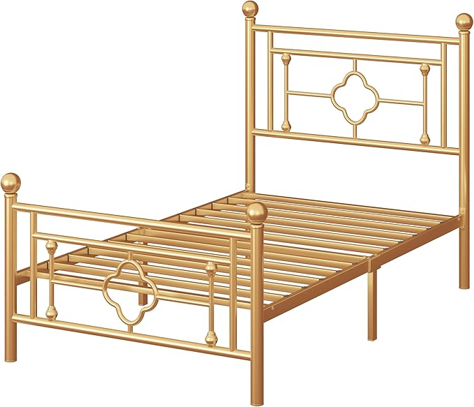 SHA CERLIN 14 Inches Twin Size Metal Platform Bed Frame/Vintage Iron-Art Headboard and Footboard/Mattress Foundation/No Box Spring Needed/Noise-Free/Easy Assembly/Gold