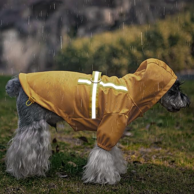 PUPTECK Dog Raincoat with Hood & Harness Built-in, Waterproof Dog Rain Jacket Slicker Poncho Reflective Vest Clothes for Rainy Snowy Winter Cold Days, Yellow L