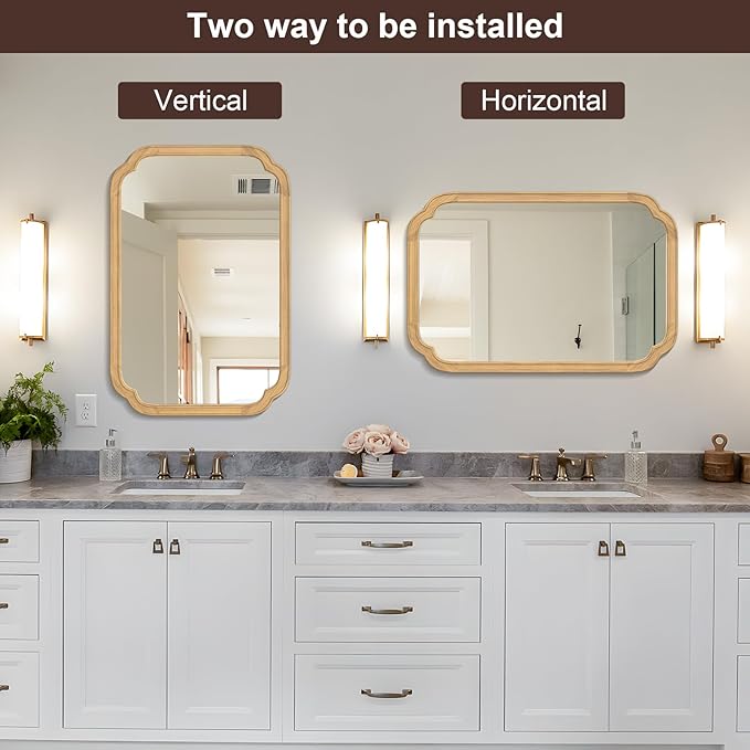 WallBeyond 24" x 36" Rounded Corner Arch Wall Mirror with Wood Frame for Entryway, Living Room or Bedroom Home Decor - Light Woodgrain 24" x 36" Natural Color