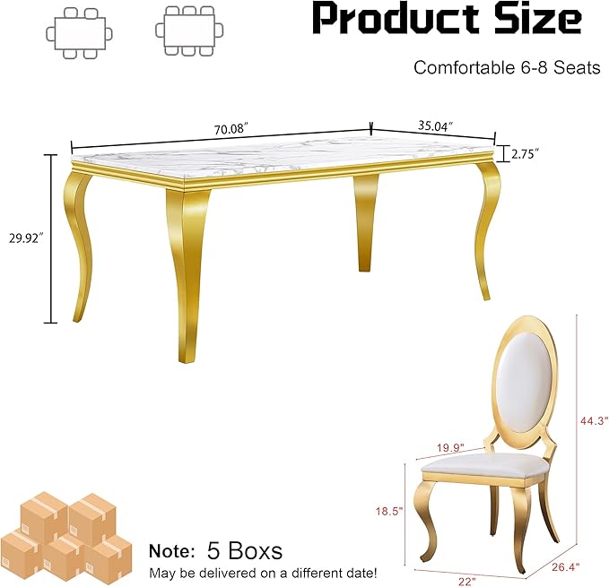 7-Piece Dining Table Set for 6, Faux Marble Modern Dining Table Set with 6 Big Oval Backrest Chairs, 70“ Stainless Steel Legs Table & Chair Set for Kitchen, Dining Room, White & Gold