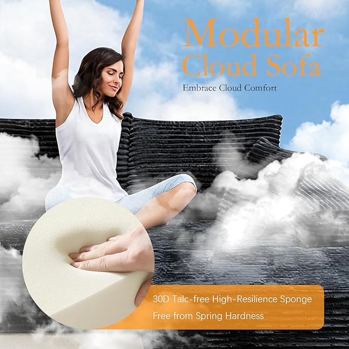 106'' Boneless Couches for Living Room, L Shaped Modular Sectional Sofa with Chaise Lounge, Faux Rabbit Fur & Layered Cushion Deep Seat Cloud Couch, No Assembly (Black, Right Facing Chaise)