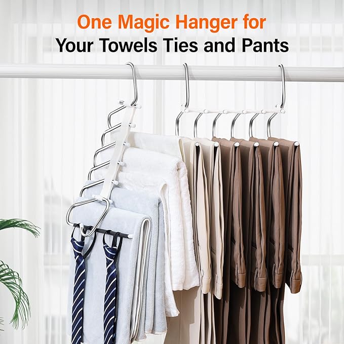 Upgraded Collapsible Pants Hangers Space Saving, 6 Layers Clothes Rack, Stainless Steel Multifunctional Closet Organizer, Non Slip Metal Hangers for Pants Jeans Skirts Trousers (4 Pack)