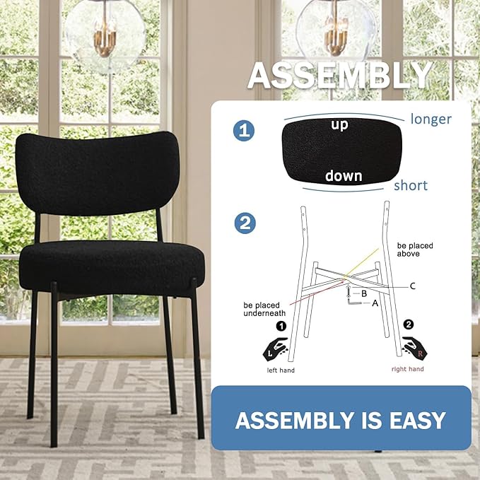 Black Boucle Dining Chairs Set of 4, Upholstered Dinner Chair with Metal Frame, Dining Room Chairs with Padded Seat, Round Modern Seating for Living Room