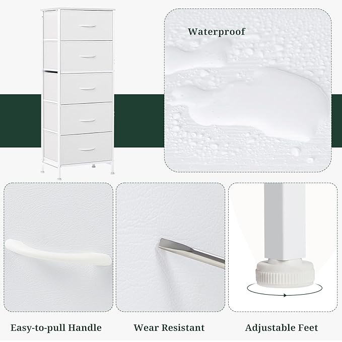 Nightstand, 5 Drawer Dresser End Table Bedside Furniture with Wooden Top Steel Frame Fabric Bins for Bedroom, Closet, Entryway, Dorm, Living Room, White