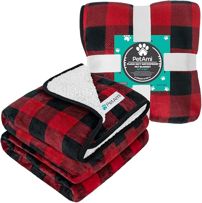 PetAmi Waterproof Dog Blanket Sherpa Fleece, Pet for Medium Large Dogs, Reversible Cat Throw Bed Couch Sofa Furniture Protector, Soft Plush Microfiber (Large 40x60, Checker Red) Checkered Red