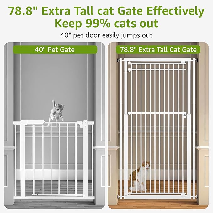 78.8" Extra Tall Cat Gate, 28.3-33" Wide Safety Metal Cat Door, Pressure Mounted Easy Walk Through Pet Gate with Door for Stairs, Doorways, Kitchen (White)