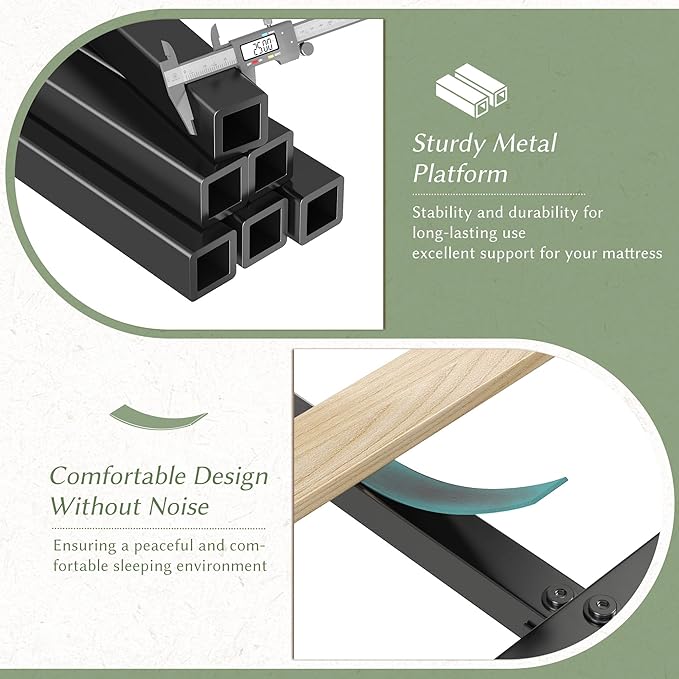 EnHomee King Size Bed Frame with 2 Storage Drawers, Upholstered Platform Bed with LED Lights and Charging Station, Sturdy Wooden Slats Support, No Box Spring Needed, Noise Free, Beige