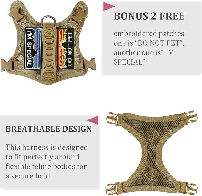 Tactical Cat Harness for Walking Escape Proof,Adjustable Pet Vest Harness,Soft Mesh Padding Large Cat,Small Dog with Quick-Release Buckle and Rubber Handle