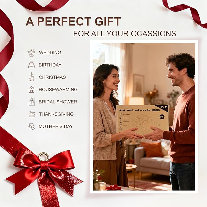 Acacia Wood Couch Arm Tray, 15.35"x9.85" Couch Armrest Table with Cup Holder, Foldable Desktop for Dual Use Sofa Arm Tray, with Non-Slip Feet