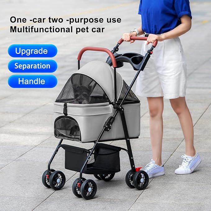 Pet Stroller,Pet Strolling Cart, 4 Wheels Dog Cat Stroller Travel Carrier with Storage Basket & Breathable Mesh Easy to Walk for Travel Shopping Walking Small/Medium Pet 1 Set