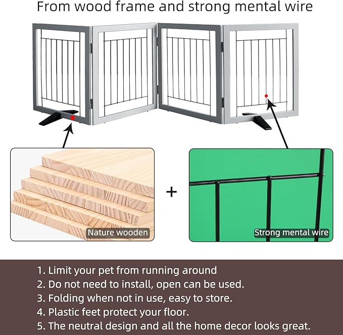 ZJSF Freestanding Dog Gate Indoor, Foldable Dog Fence for Doorways,Hallways or Stairs, Sturdy Wood Extra Wide Pet Gate with Support Feet,Grey,24 "Height-4 Panels