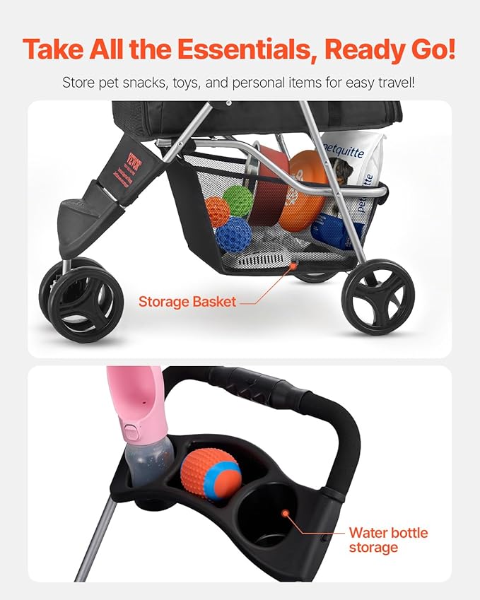 VEVOR Pet Stroller, 35 lbs Weight Capacity, Foldable Dog Cart, 3 Wheels Cats Carts with Mesh Windows and Cup Holders, Portable Pet Carrier Stroller with Brake, for Small to Medium Pets