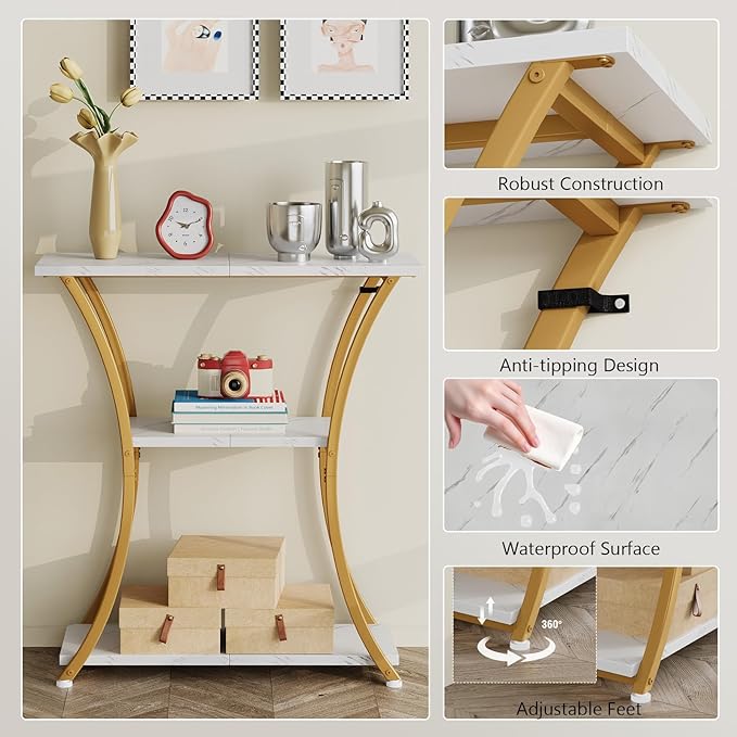 Rustic 3-Tier Console Table with Open Shelves Narrow Entryway Table with Curved Metal Frame Slim Sofa Table for Hallway Living Room or Foyer (Gold White Marbled)