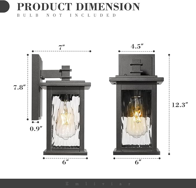 Emliviar 2-Pack Farmhouse Outdoor Wall Lights, 12 Inch Exterior Lights Fixture for House, Black Finish with Water Ripple Glass, 1803EW1-2PK-WP BK