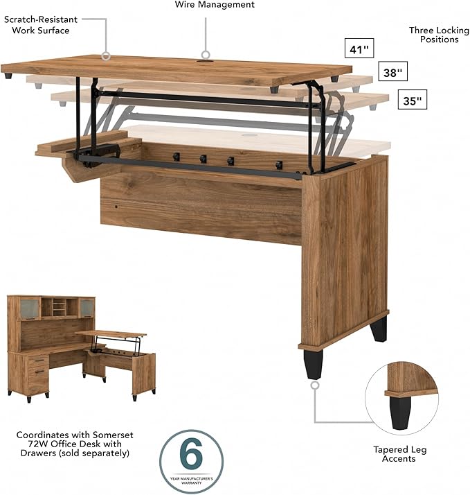 Bush Furniture Somerset 72W 3 Position Sit to Stand L Shaped Desk with Hutch in Fresh Walnut Adjustable Height Table for Home Office